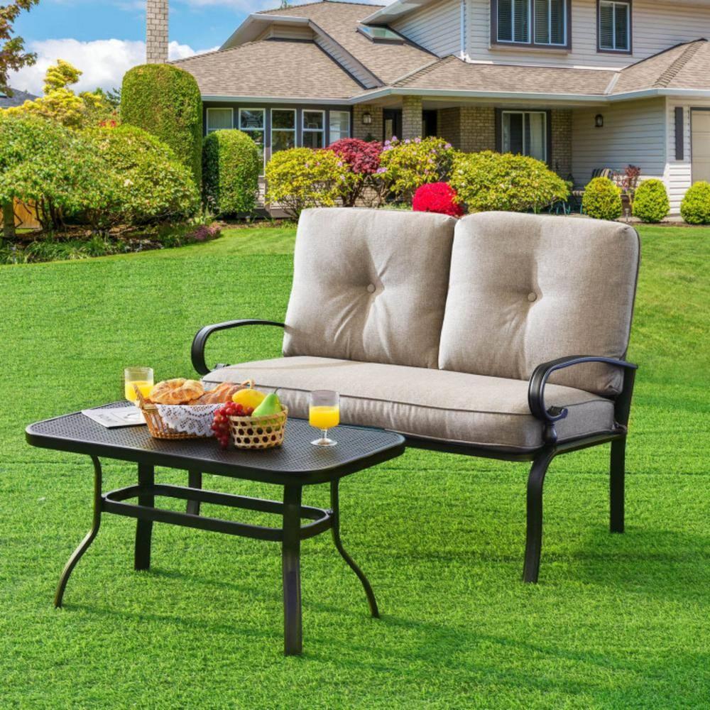 Beige Cushioned Steel Patio Loveseat with Coffee Table