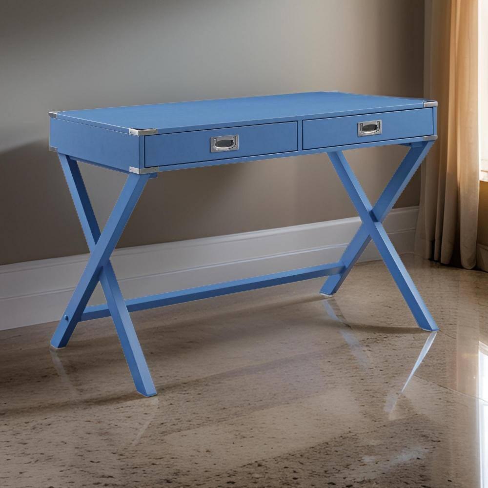 Furniture Modern Blue Writing Desk (24D x 42W x 30H, X-Shaped Base) - 2 Drawers