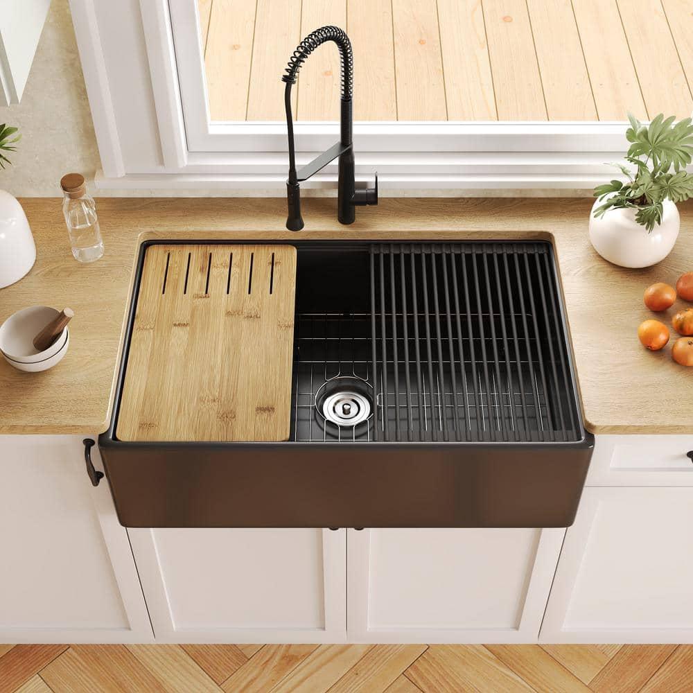 33"L x 20"W Farmhouse Kitchen Sink Deep Single Bowl Fireclay Workstation Sink with Cutting Board and Dish Drying Rack