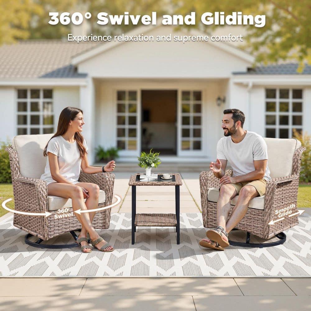 Buenhomino 3-Piece Wicker Outdoor Bistro Set with Swivel Glider Chairs, 2-Person Patio Furniture Set with Beige Cushions