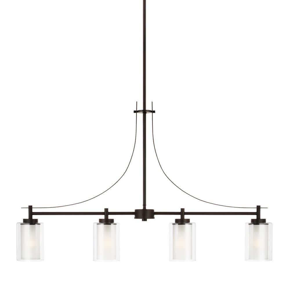 Elmwood Park 40 in. 4-Light Bronze Modern Transitional Linear Island Hanging Pendant with Satin Etched Glass Shades