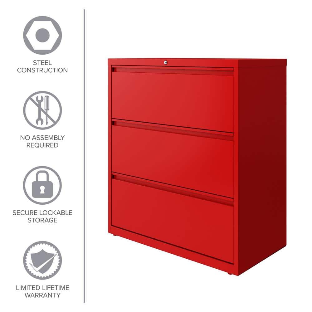 Hirsh 36 Inch Wide 3 Drawer Metal Lateral File Cabinet for Home and Office, Holds Letter, Legal and A4 Hanging Folders, Red