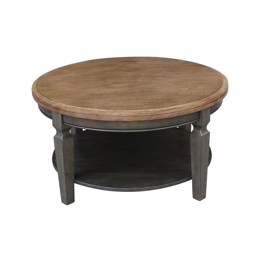 Vista Round Coffee Table Hickory Brown - International Concepts: Solid Wood, Mid-Century Modern, Fixed Shelf