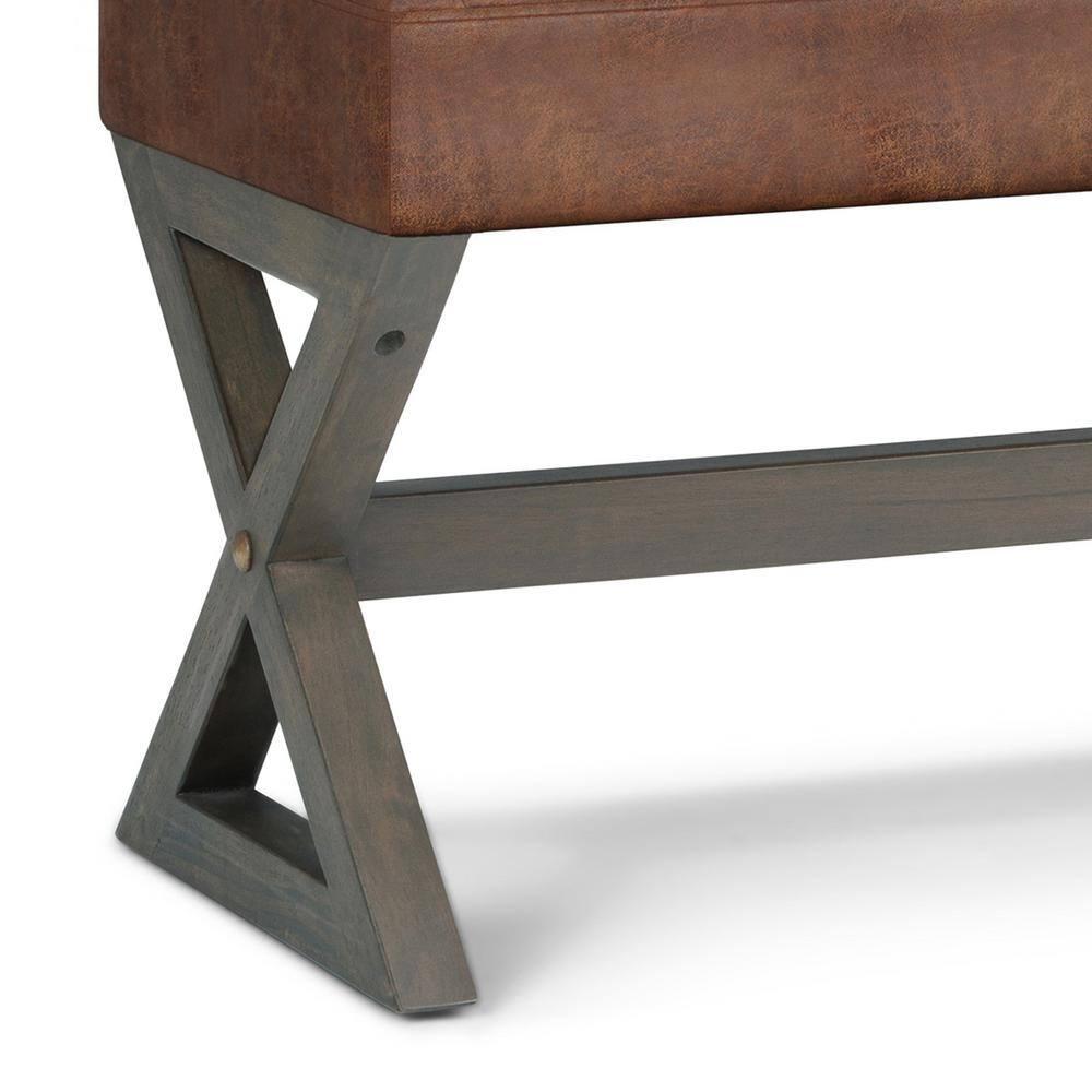 Simpli Home Salinger 48"W Large Ottoman Bench in Distressed Vegan Leather with Solid Wood Frame