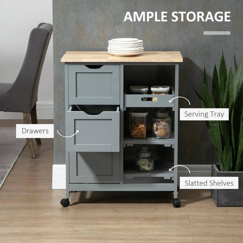 HOMCOM Rolling Kitchen Island Cart, Bar Serving Cart, Compact Trolley on Wheels with Wood Top, Shelves & Drawers for Home Dining Area, Gray