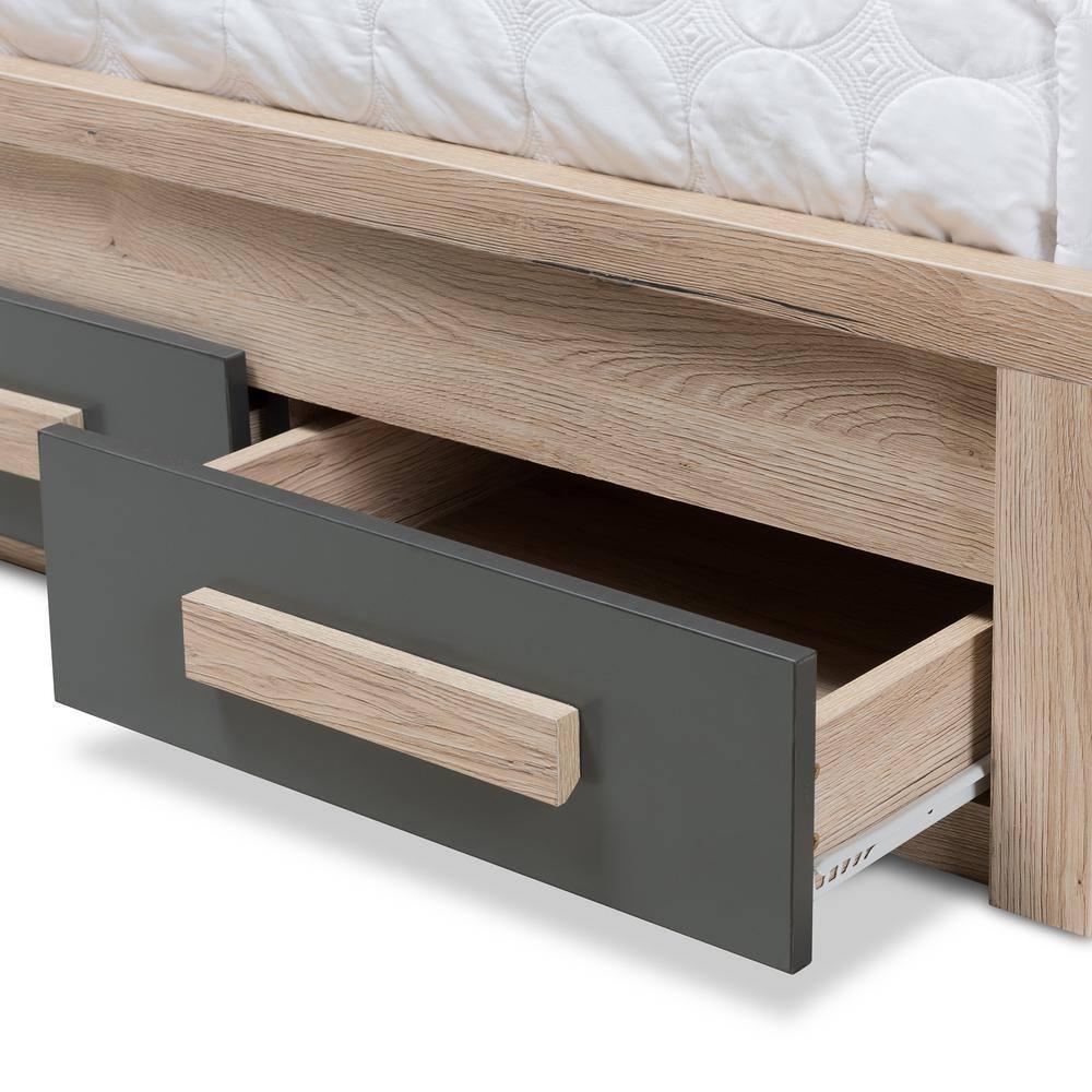 Baxton Studio Twin Pandora Modern and Contemporary Two Tone 2 Drawer Size Storage Platform Bed Dark Gray/Natural: Upholstered Headboard