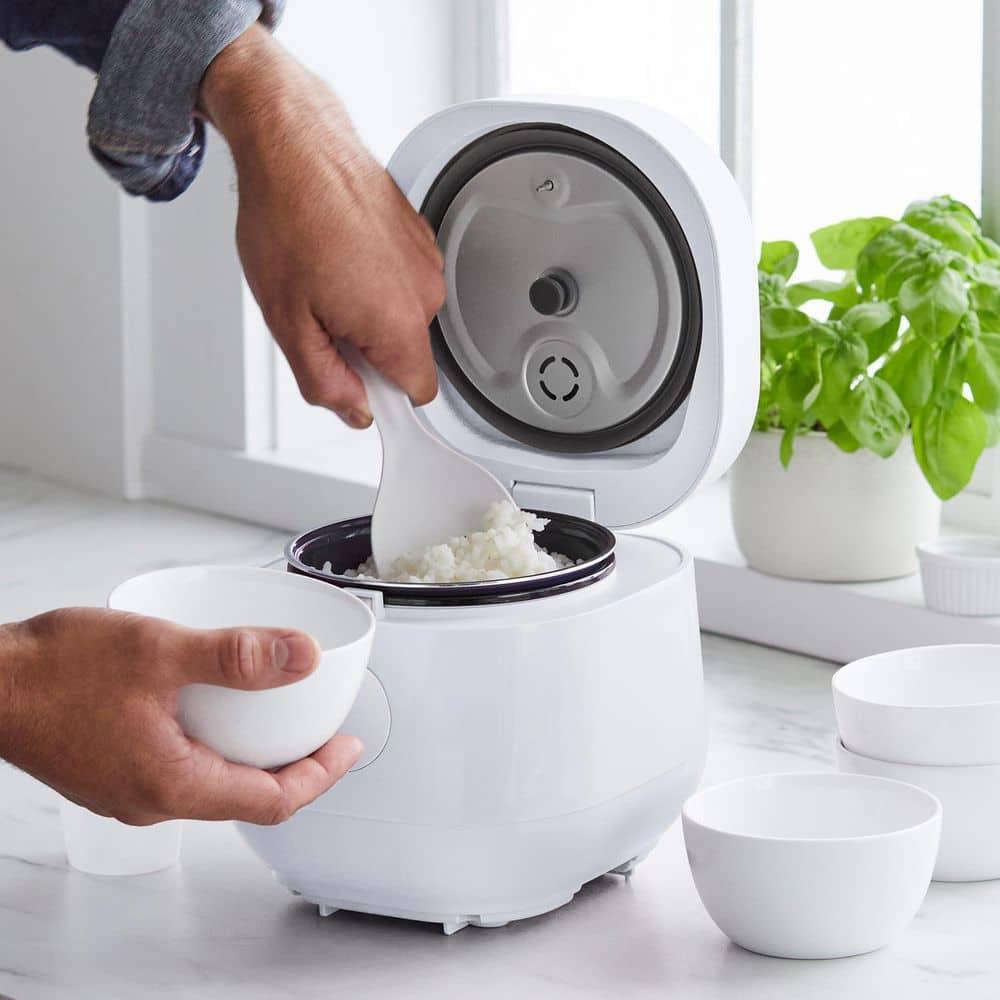 Compact White Electric Rice and Grains Cooker with Ceramic Nonstick Bowl