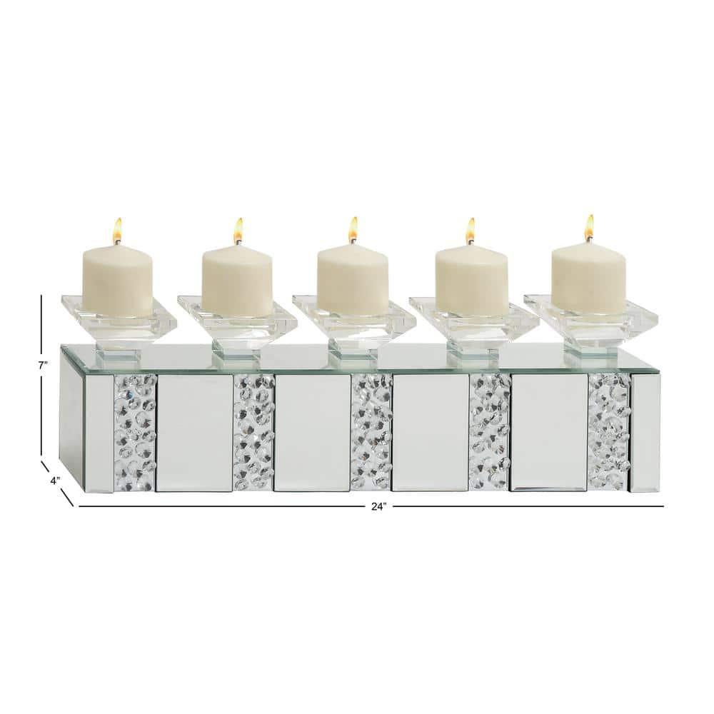 Mercer41 Glass Pillar 5 Plate Decorative Silver Candelabra with Mirrored Accents and Crystals