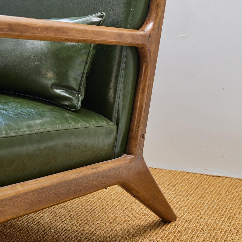 Glitzhome 2 Set Mid Century Hunter Green Accent Armchair, Single Reading Armchair PU Leather Lounge Chair with Walnut Ruberwood Frame