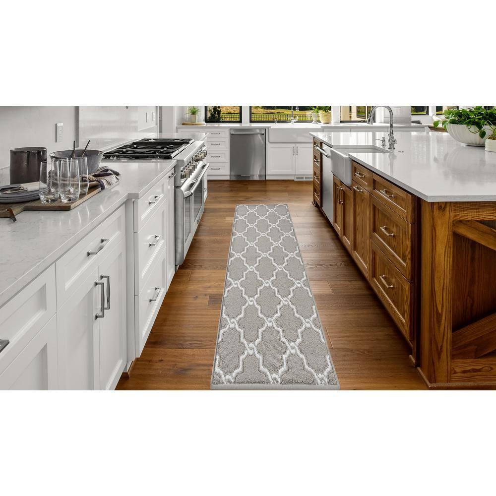 Light Grey and White Geometric Tufted Runner Rug with Non-Slip Backing