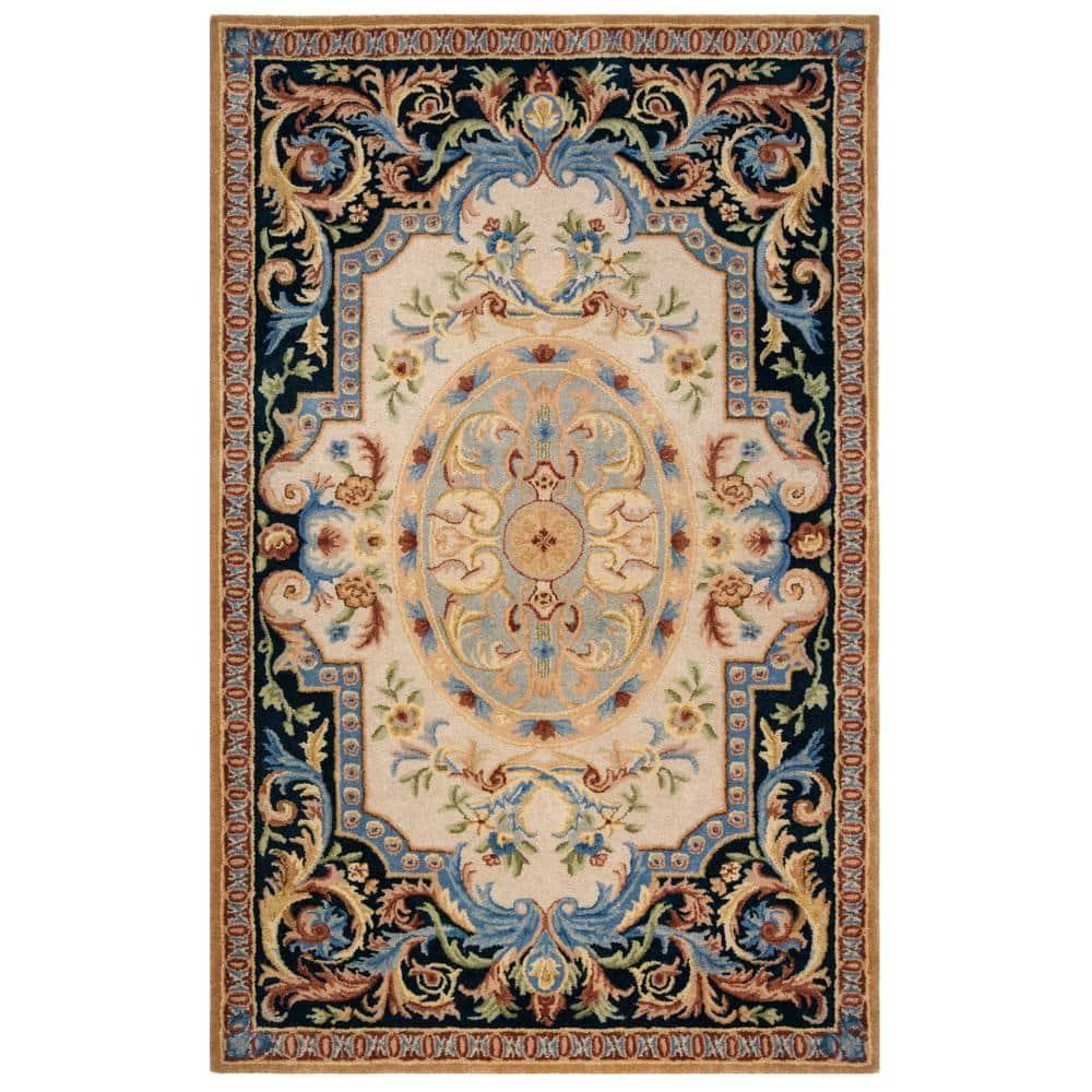 Savonnerie SAV116 Hand Tufted Area Rug - Ivory/Navy - 5'x8' - Safavieh.