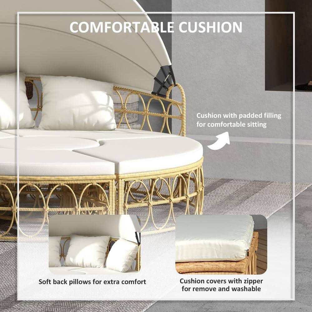 Outsunny 4 Piece Round Outdoor Daybed with Canopy, Cushioned PE Rattan Patio Furniture Set, Cream White
