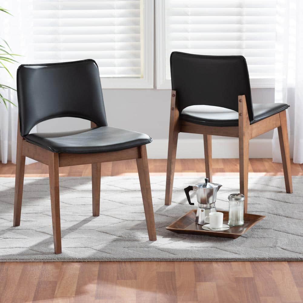 2pc Afton Faux Leather Upholstered and Wood Dining Chair Set Black/Walnut Brown - Baxton Studio