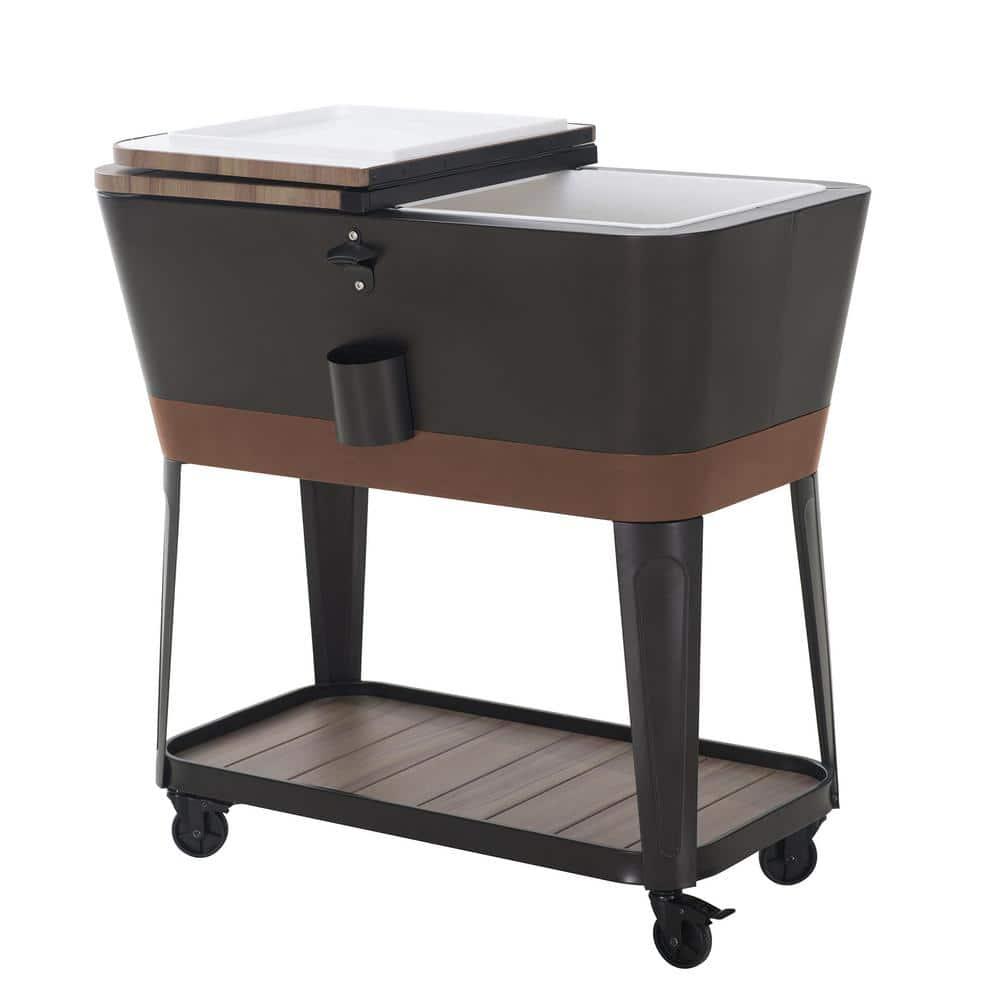 Sunjoy Durant 80-Quart Wood Grain Finish Metal Rolling Ice Chest Cooler Cart with Storage Shelf, Steel Bottle Opener, and Lockable Wheels