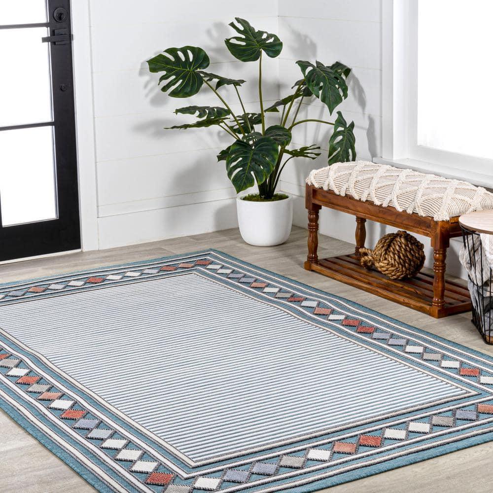 JONATHAN Y Sebastian High-Low Modern Diamond Border Blue/Ivory 5 ft. x 8 ft. Indoor/Outdoor Area Rug