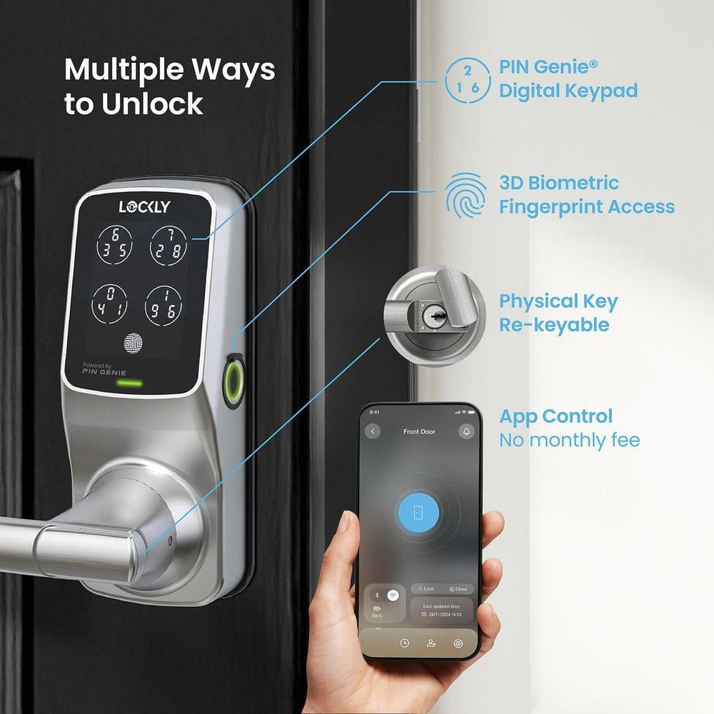 Lockly Secure Plus Bluetooth Smart Door Lock, Keyless Entry with PIN Genie® Digital Keypad, 3D Biometric Fingerprint Sensor Front Door Lock with Handle, Voice Control & Auto Lock - Latch Edition