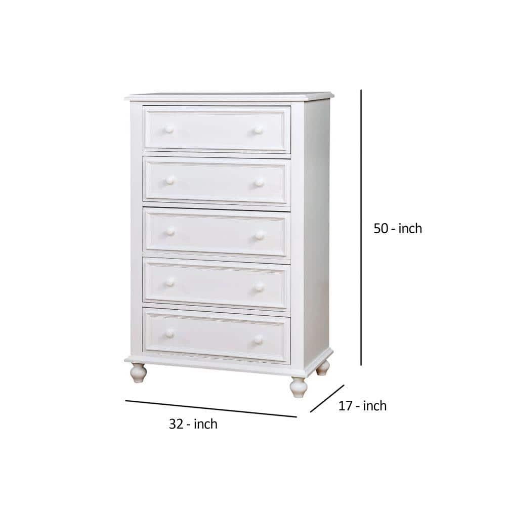 Benzara BM165991 Wooden 5 Drawers Chest, White - 50 x 32 x 17 in.