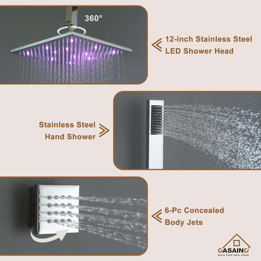 3-Function Luxury Ceiling Mount 12 Inch LED Thermostatic Shower System with 6 Body Jets