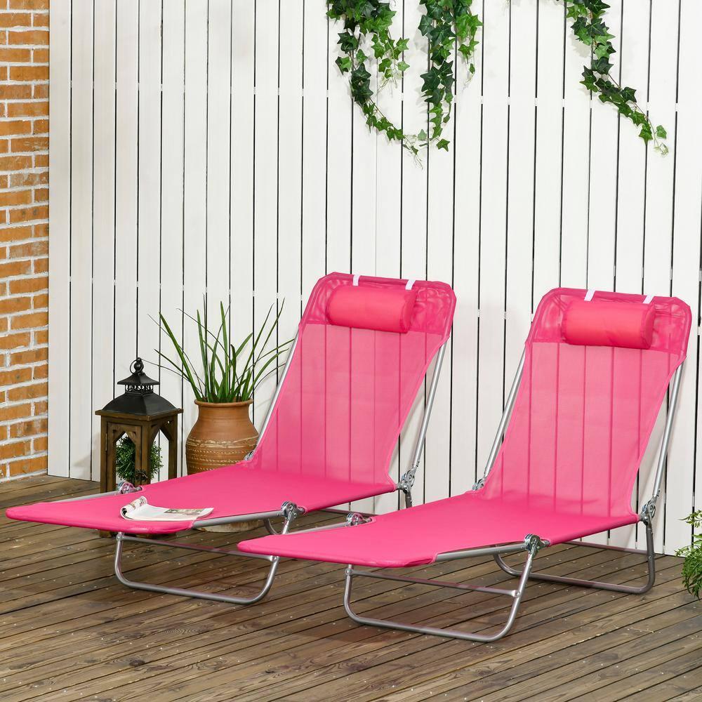 Outsunny Folding Chaise Lounge Pool Chairs, Set of 2 Outdoor Sun Tanning Chairs with Pillow, Five-Position Reclining Back for Beach, Pink