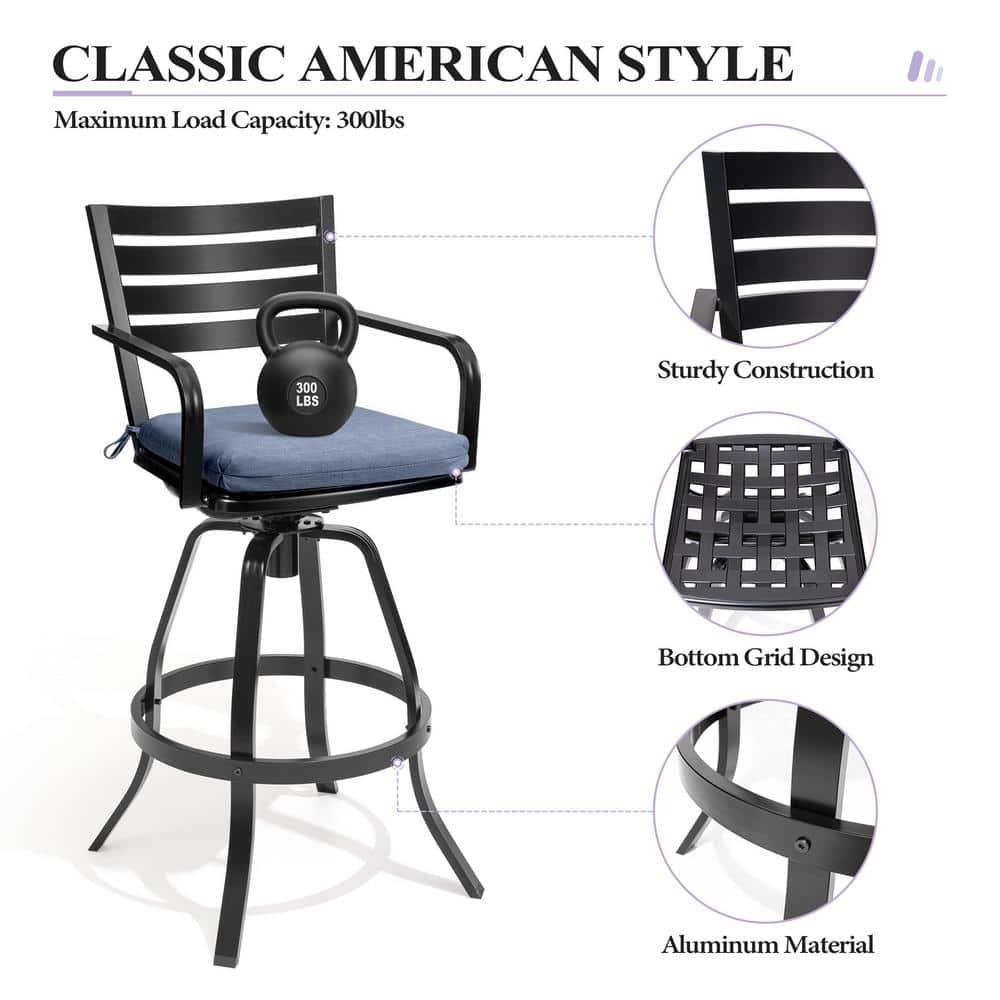 Crestlive Products Outdoor Bar Stools Set of 2  Aluminum Swivel Barstools with Sunbrella Cushion Cast Aluminum Patio High Chair Bistro Set Blue