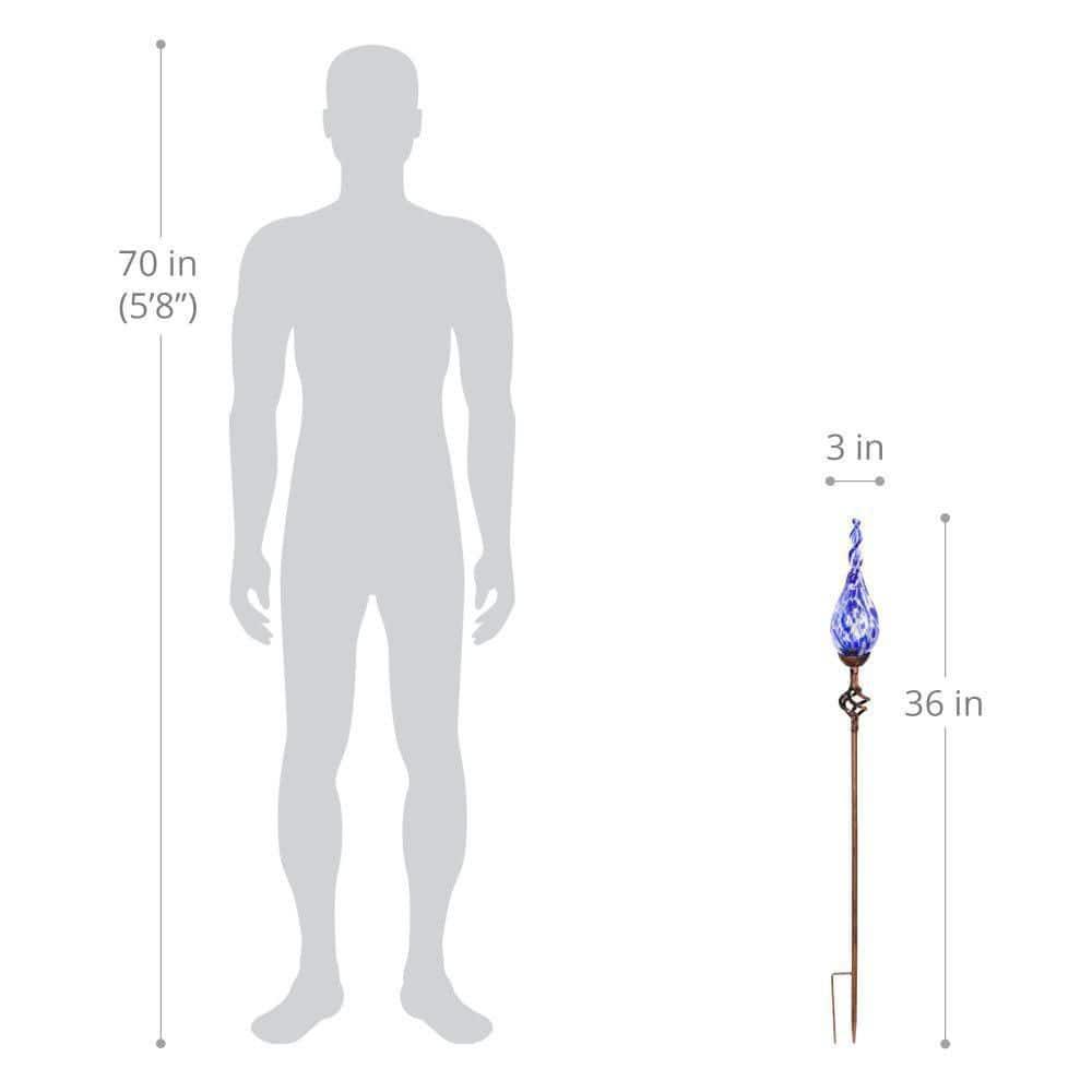 Exhart Exhart Solar Pearlized Hand Blown Glass Twisted Flame Garden Stake with Metal Finial Detail, 36 Inch