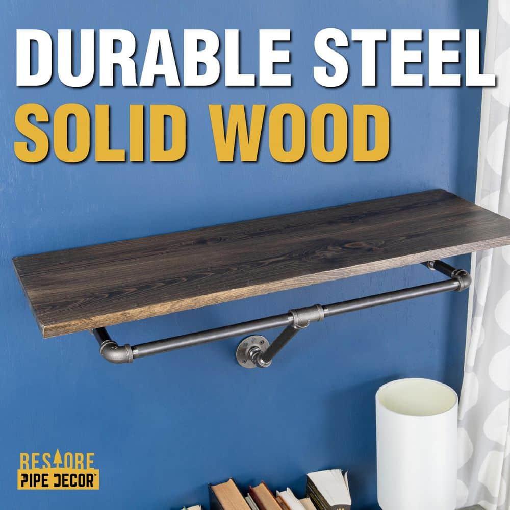 PIPE DECOR  24" Wall Mounted Clothing Rack with Wood Shelf and Industrial Steel Pipe Boulder Black
