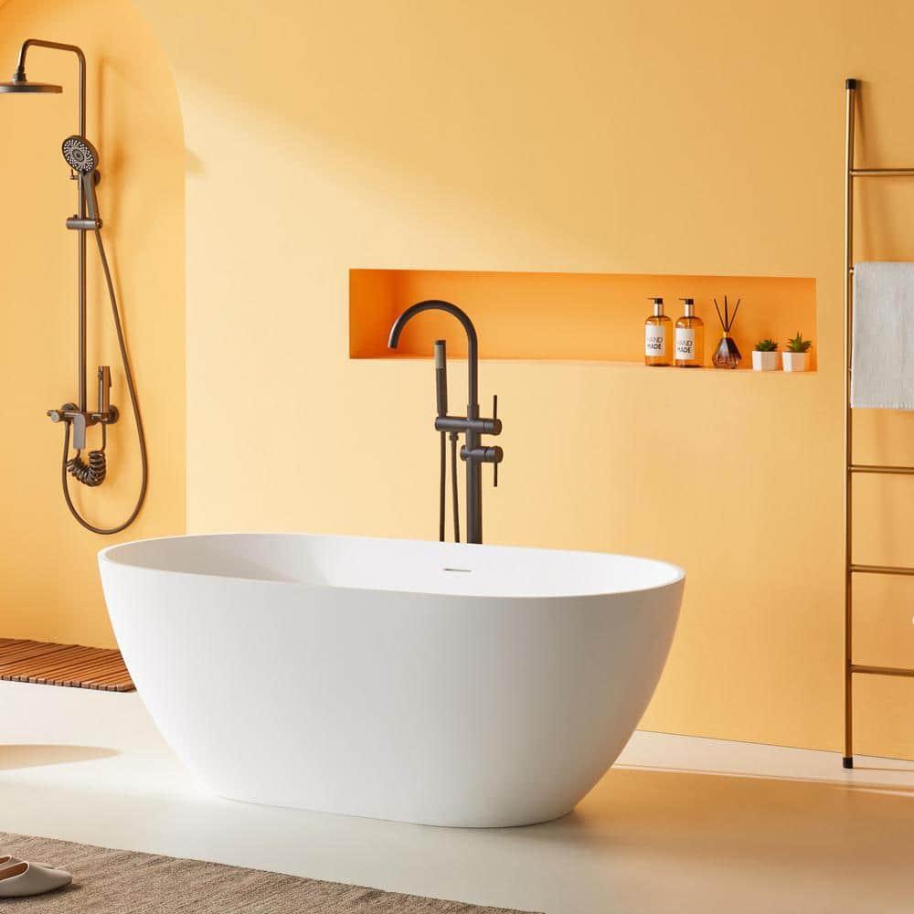 69'' x 29.5'' Freestanding Soaking Solid Surface Bathtub in White Finish with Drain