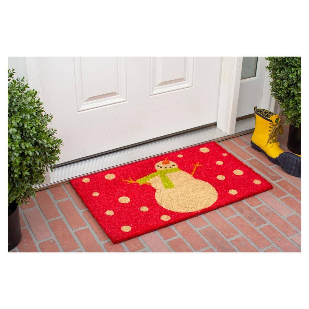 Festive Red and Green Coir Snowman Outdoor Christmas Doormat