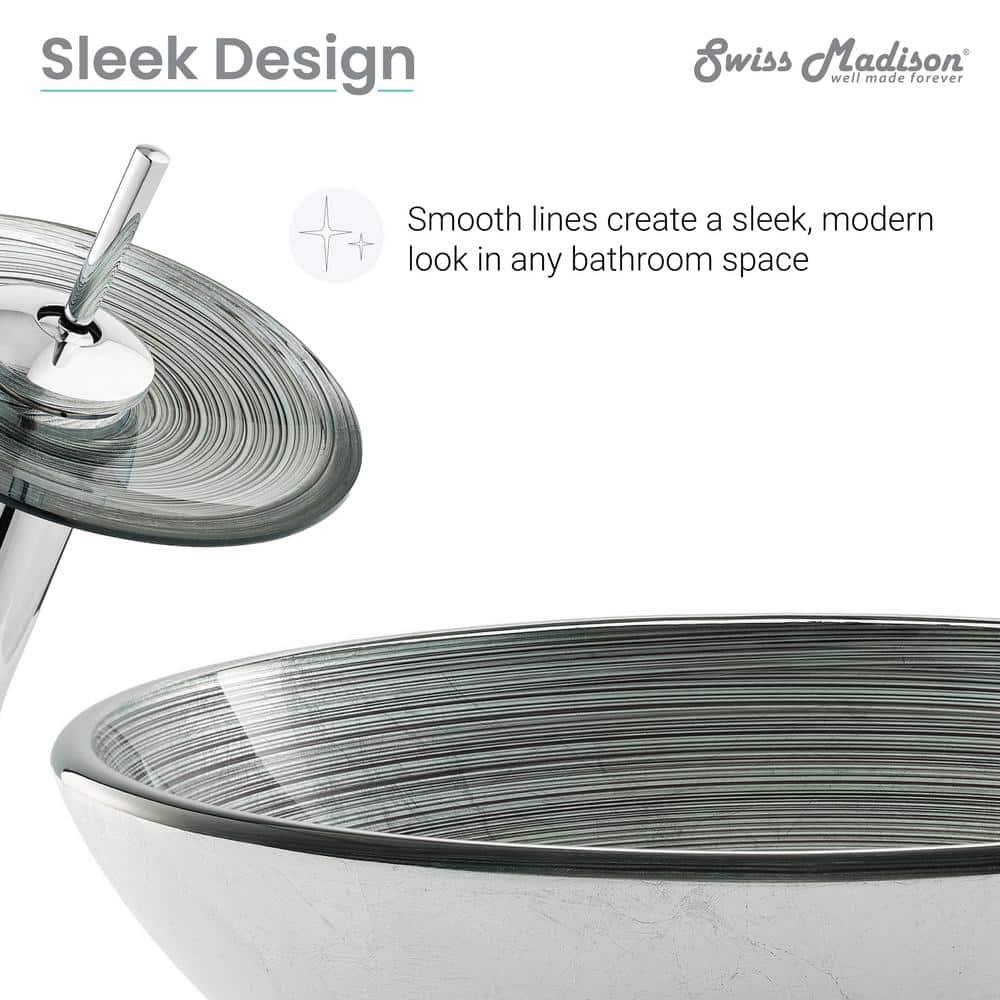 Swiss Madison Cascade 16.5 Glass Vessel Sink with Faucet, Smoky Grey