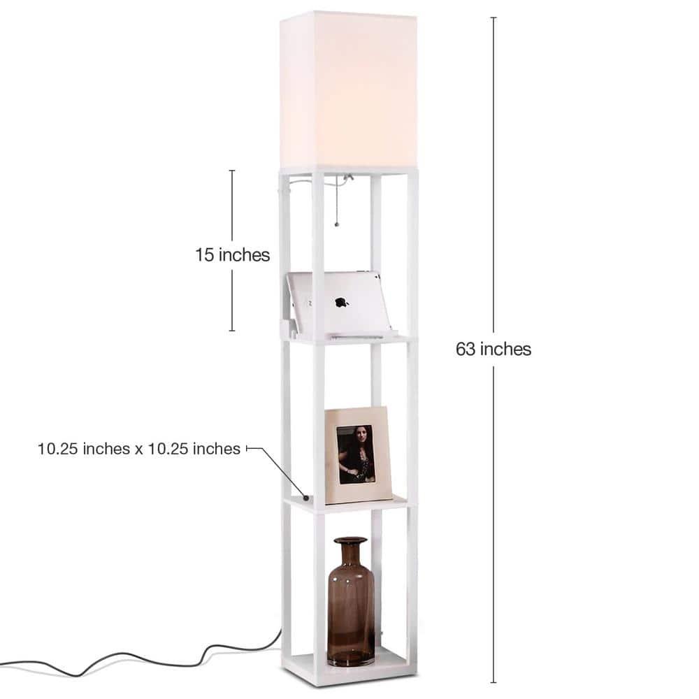 Brightech Maxwell 63 in. 3-Shelf USB-Charging LED Floor Lamp with Fabric Square Shade