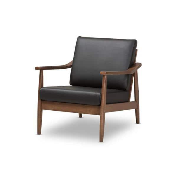 Venza Mid Century Modern Walnut Wood Faux Leather Lounge Chair Black - Baxton Studio: Indoor Armchair, Rubberwood Frame