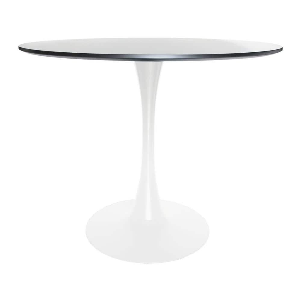 LeisureMod 5-Piece Dining Set with 35" Round Dining Table in White Iron Pedestal Base and 4 ABS Plastic Side Chair with Gold Base, Clear