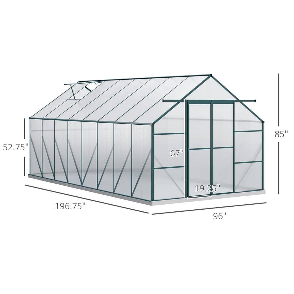 Outsunny 16' X 8' Aluminum Greenhouse Polycarbonate Walk-In Garden Greenhouse Kit With Adjustable Roof Vent, Rain Gutter And Sliding Door For Winter, Clear