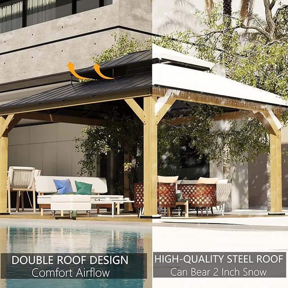 11x13 Cedar Wood Gazebo with Black Metal Double Roof