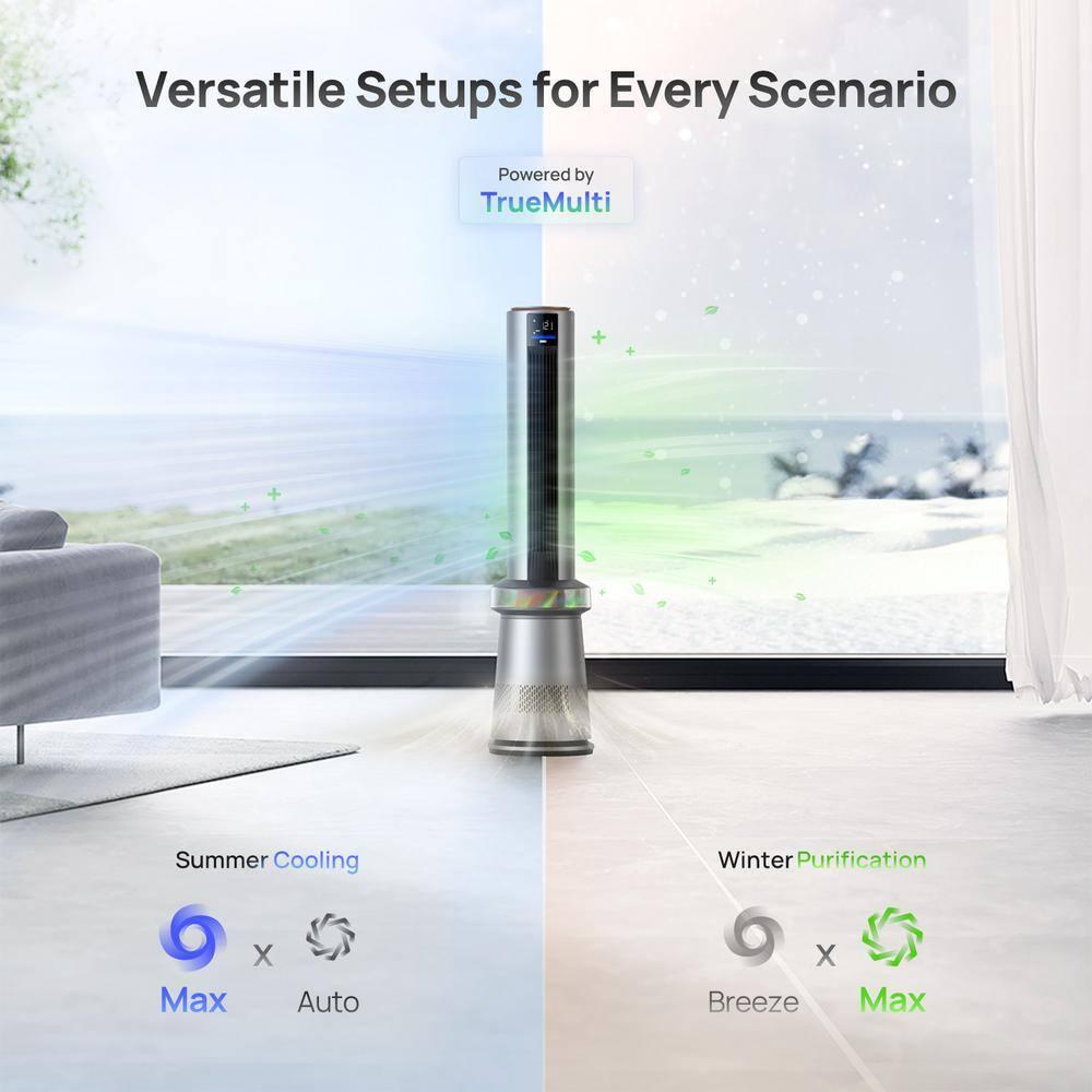 Air Purifier Tower Fan, 45 in. 2-in-1 Smart Fan, 27ft/s Velocity, 120°Oscillation, 24 H Timer, 25dB Low Noise, Silver