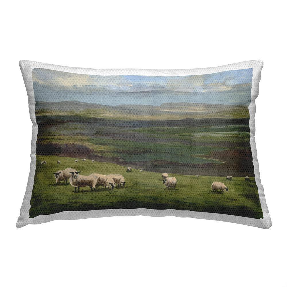 Green and Gray Rectangular Outdoor Throw Pillow with Sheep Design