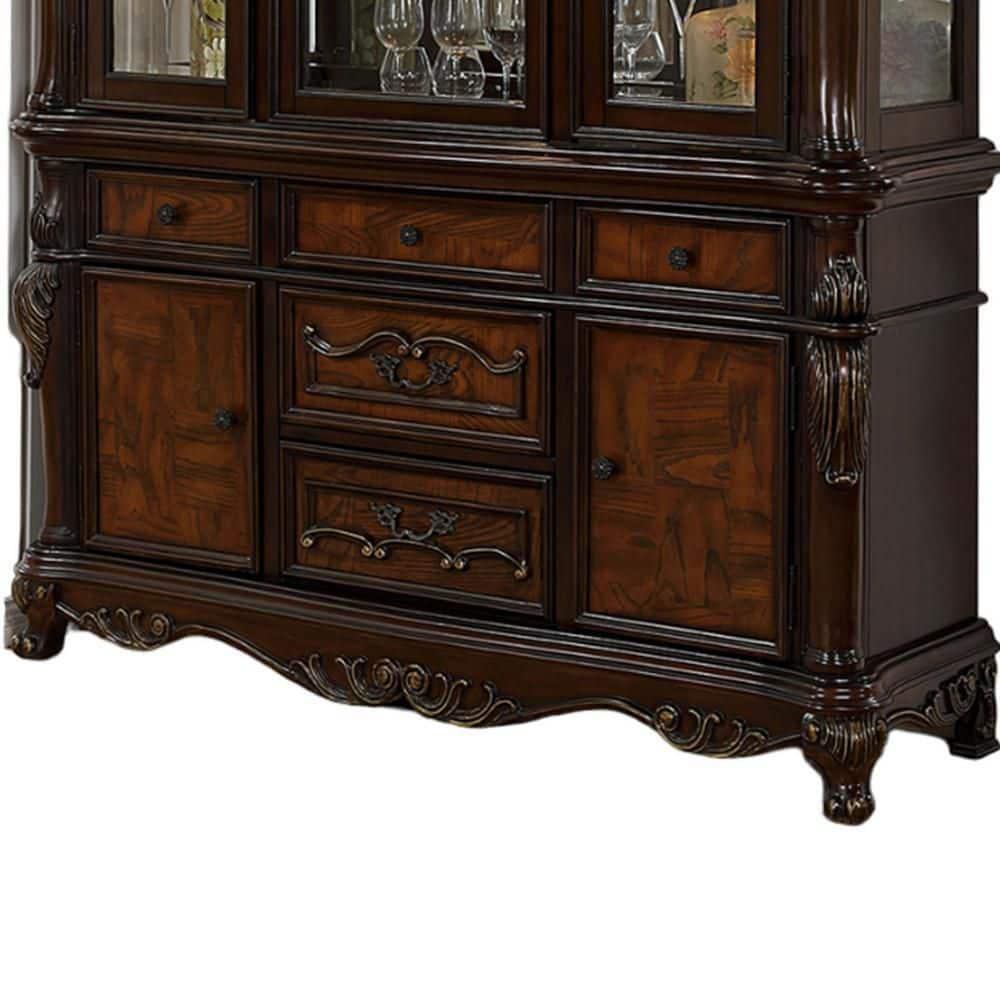 Benjara Zenie Buffet Cabinet and Hutch, Classic Carved, Cherry Brown Solid Wood