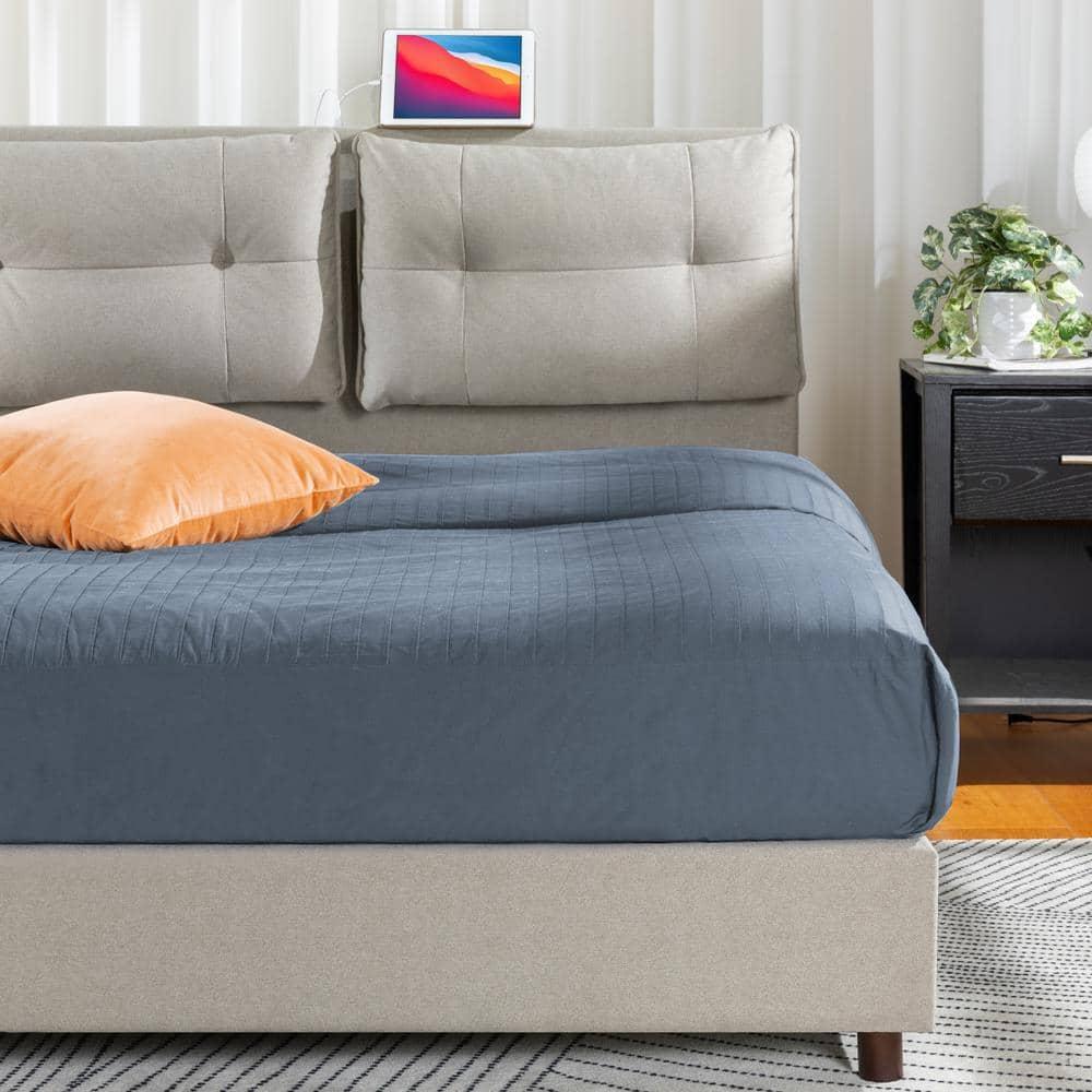 Zinus 39" Avery Platform Bed, Reclining Fabric Headboard and USB Ports, Beige, King