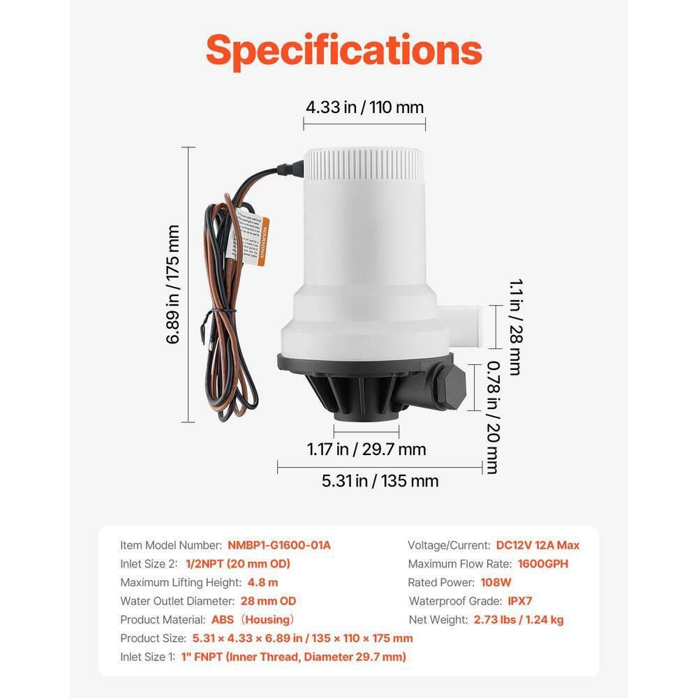 Livewell Pump for Boat 12V 1600 GPH Straight Livewell Aerator Pump with Dual Inlet ABA Housing for Freshwater Saltwater
