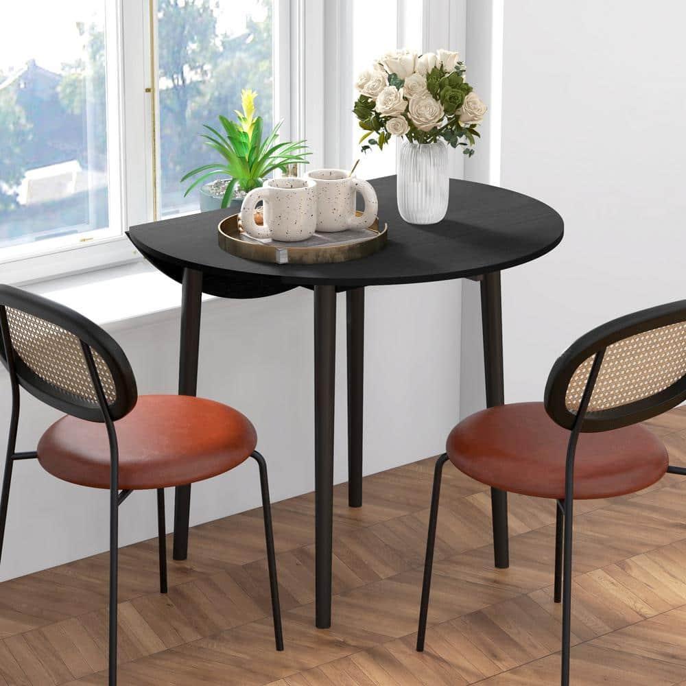 HOMCOM Folding Dining Table, Collapsible Drop Leaf Table for Small Spaces, Round Foldable Kitchen Table with Wooden Legs, Black