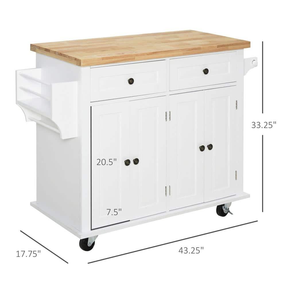 HOMCOM Kitchen Island on Wheels, Rolling Cart with Rubber Wood Top, Spice Rack, Towel Rack & Drawers for Dining Room, White