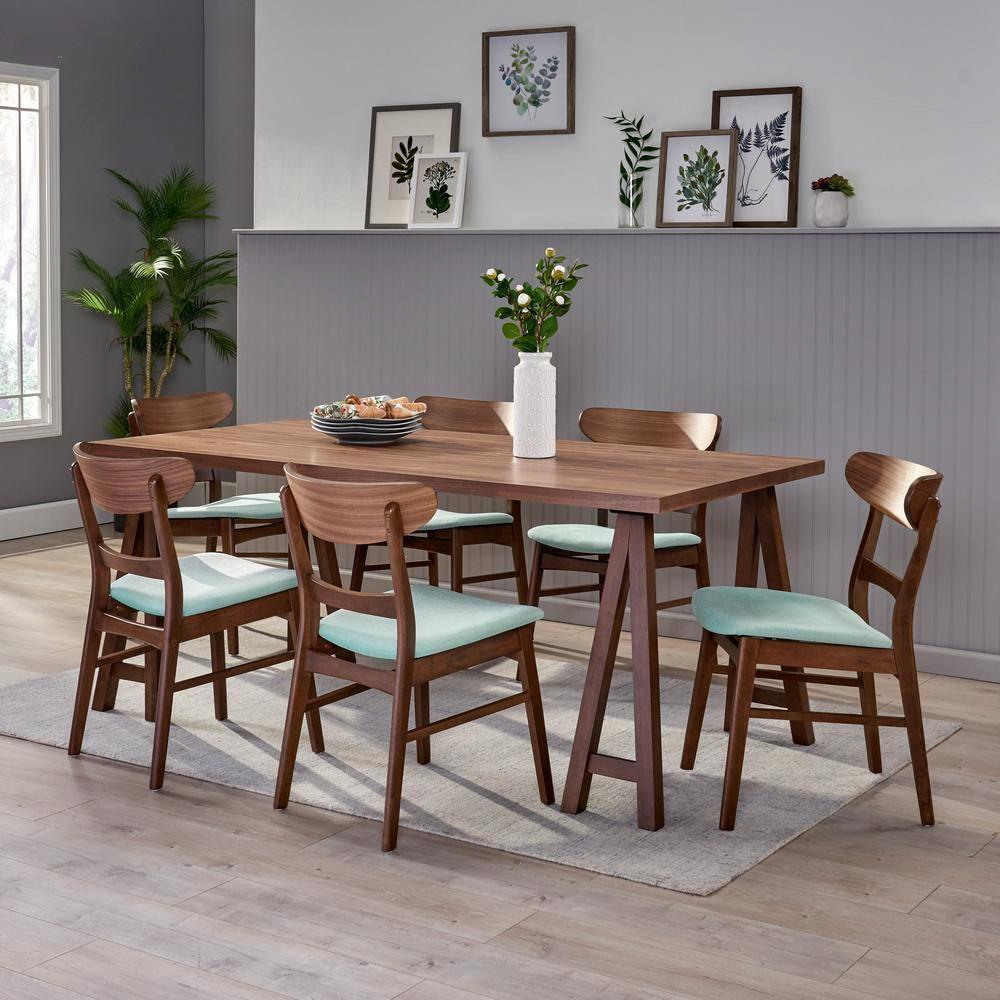 Noble House Lydia Mid-Century Modern 7 Piece Dining Set, Mint and Walnut