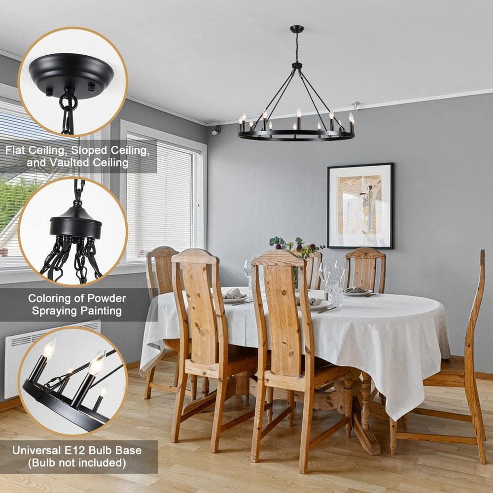 12-Light Black Farmhouse Candle Design Circle Iron Wagon Wheel Chandelier for Dining Room with No Bulbs Included