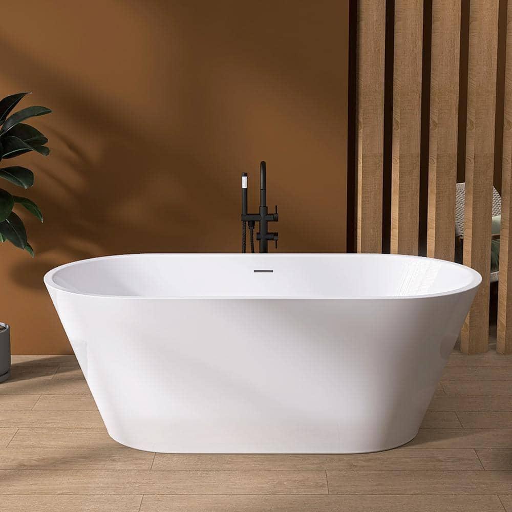 55" Freestanding Soaking Acrylic Bathtub Contemporary Stand Alone Tub with Pop-Up Drain