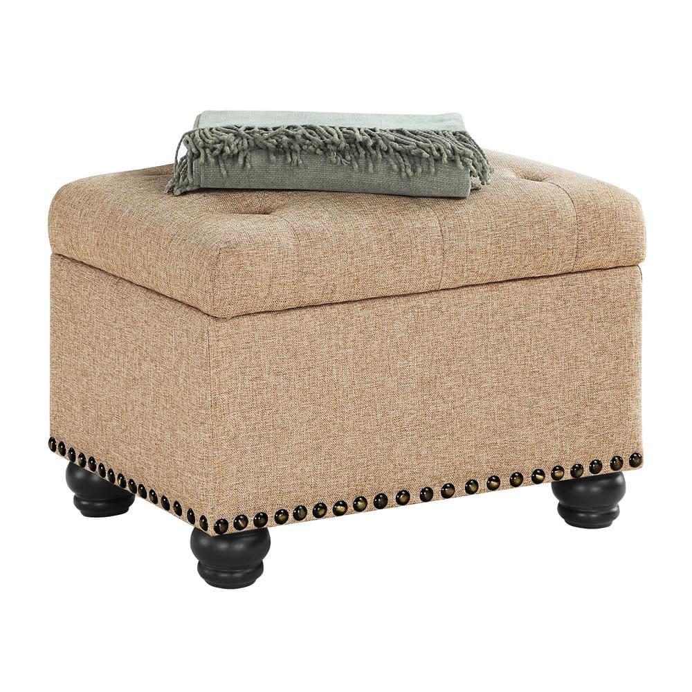 Designs4Comfort 5th Avenue Storage Ottoman in Beige Tan Fabric & Nail Head Trim