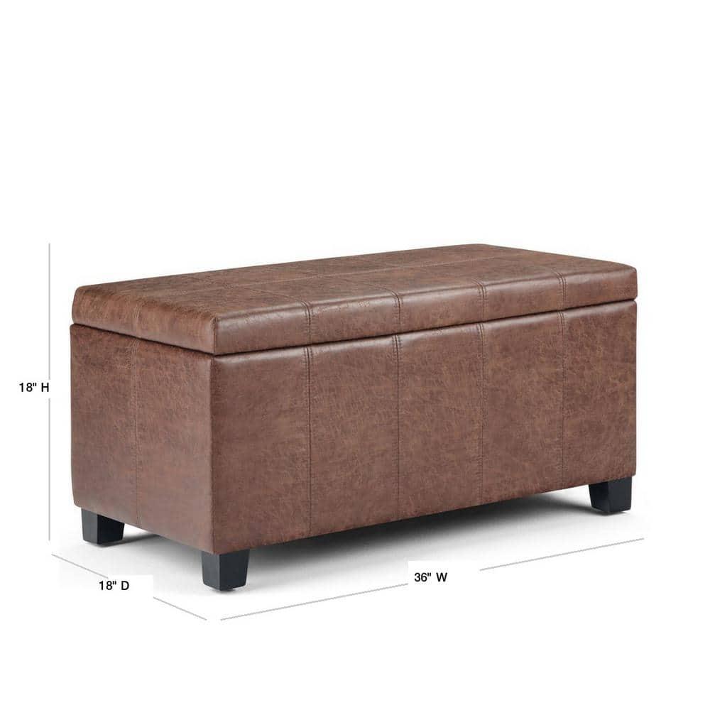 Simpli Home Dover Faux Leather Storage Ottoman Bench in Umber Brown