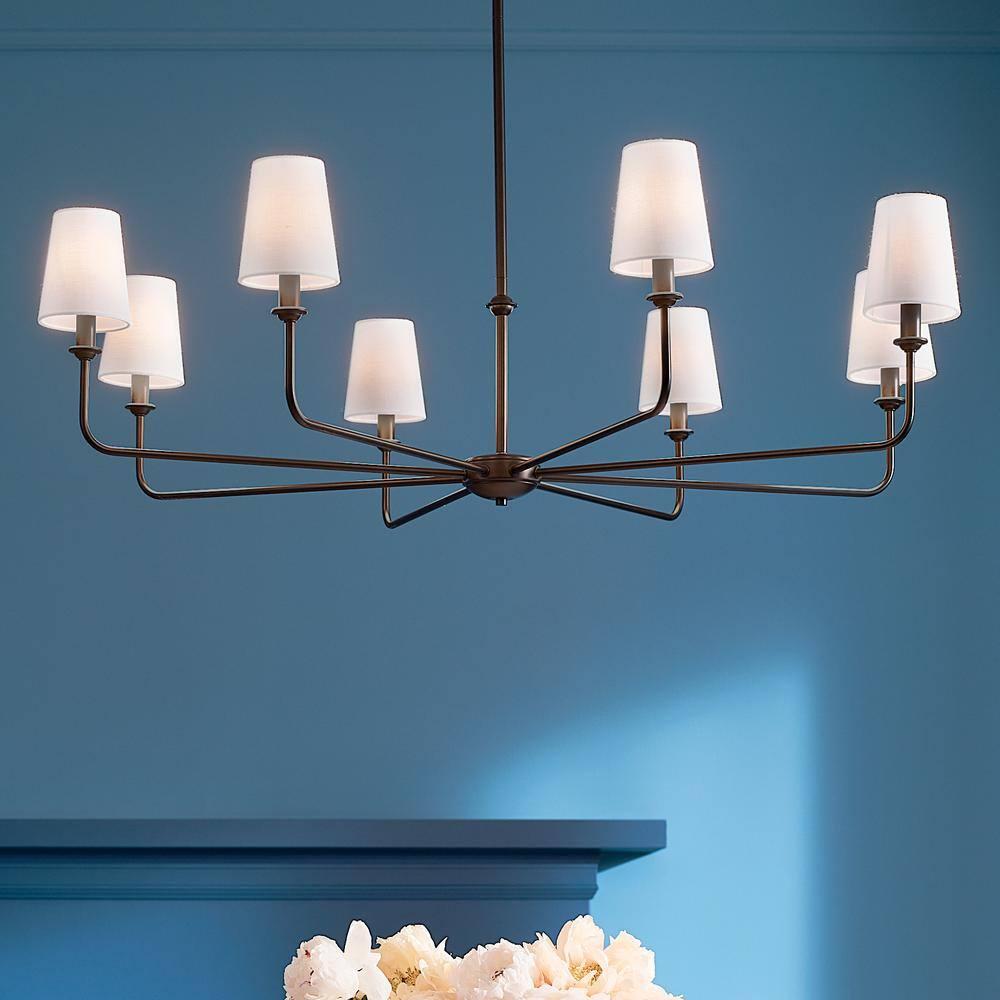 Classic 8 Light Chandelier with White Linen Shades