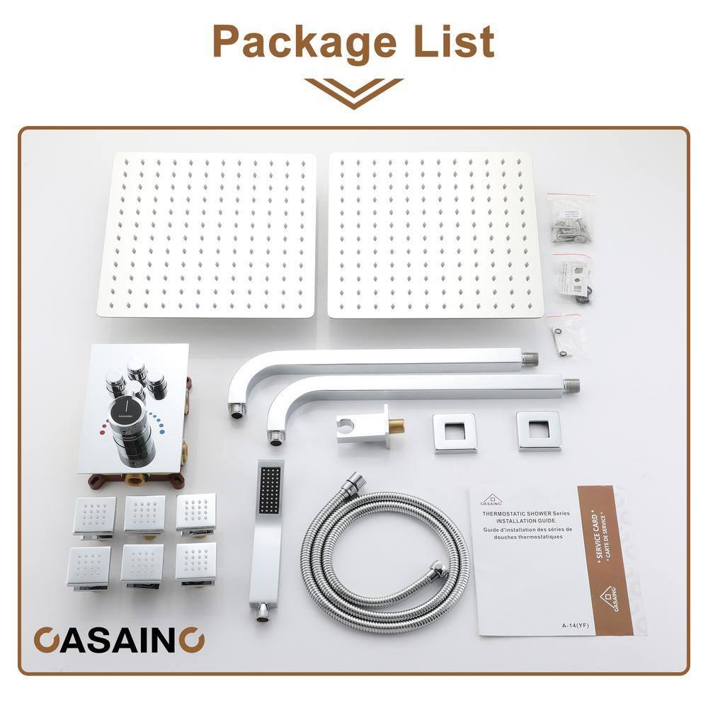 CASAINC CS6228-12CH Dual Shower Head Thermostatic Rainfall Shower System with Rough in-Valve and Shower Body Spray