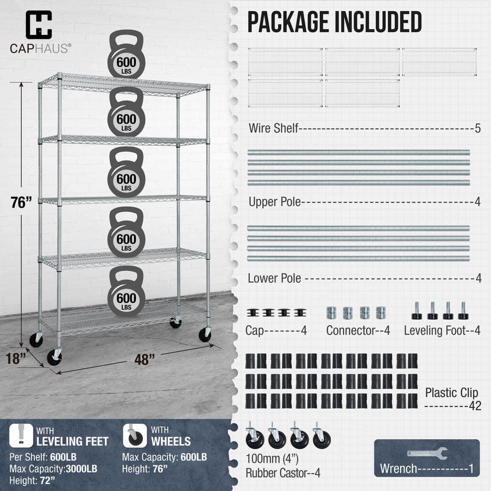 CAPHAUS CAPHAUS NSF Commercial Grade Heavy Duty 5-Tier Wire Shelving w/Wheels, Leveling Feet, 48 x 18 x 76-Inch, Multiple Options