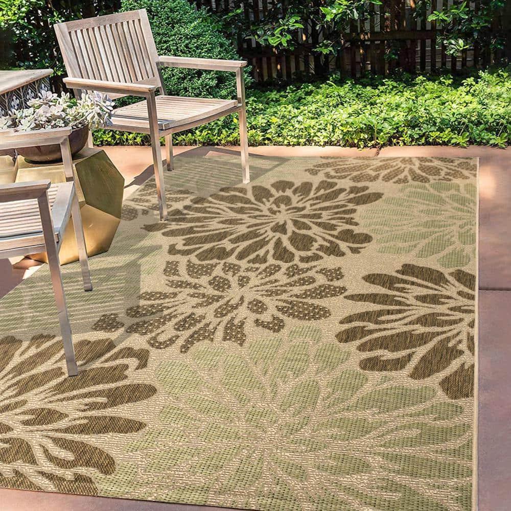 4'x6' Zinnia Modern Floral Textured Weave Indoor/Outdoor Area Rug, Sage/Brown - JONATHAN Y